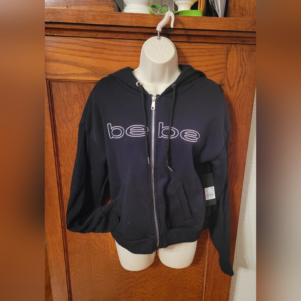 Bebe Zip Hoodie With Rib Inserts Black Size Medium NWT